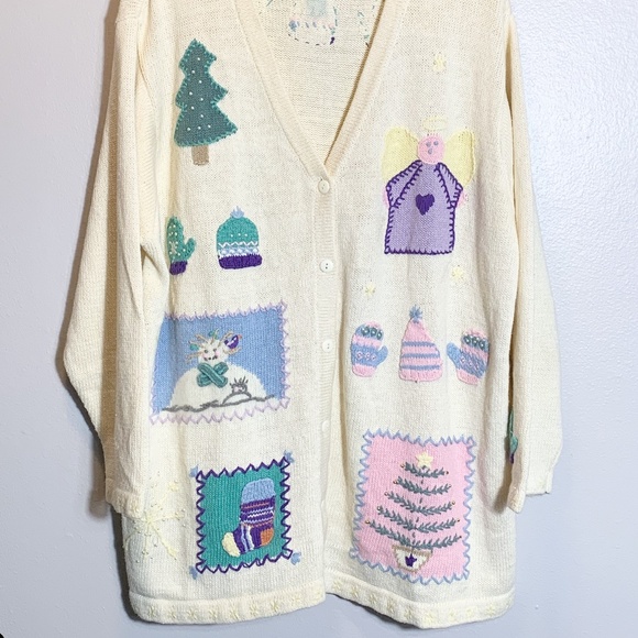 Quacker Factory 1X Ivory Embroidered Cardigan Sweater Embellished Mittens Angel - Picture 2 of 13